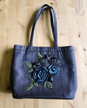 Vintage 90s Moschino Shoulder Bag Fabric Handbag W/Flower Embellishment Italy